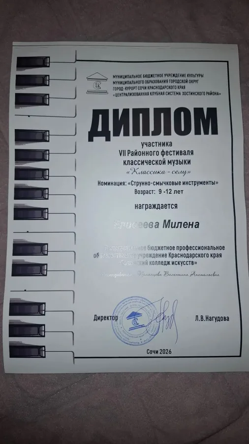 Диплом участницы: Милена Елисеева