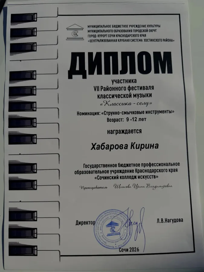 Диплом участницы: Кирина Хабарова. Преподаватель И. В. Шляхова
